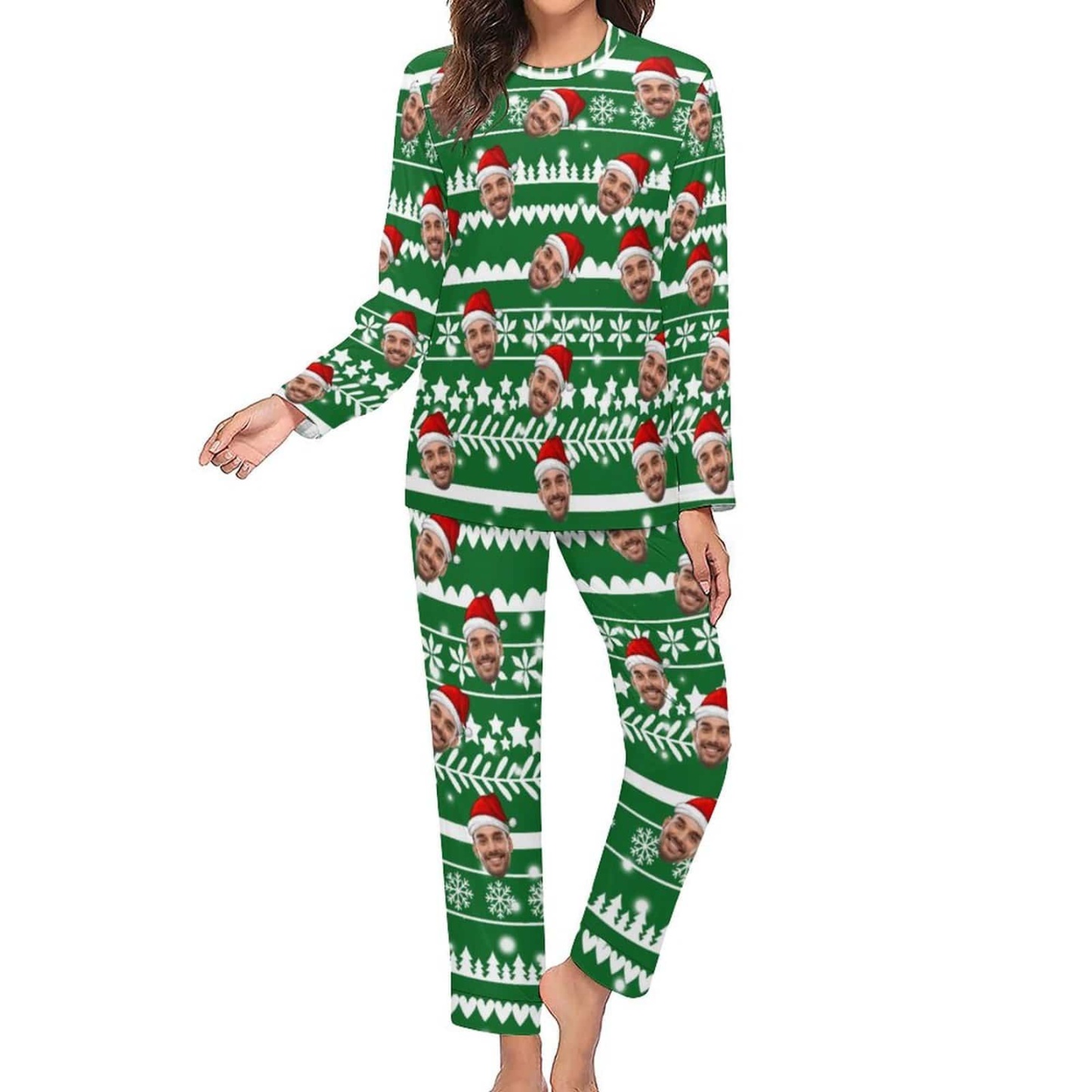 FacePajamas Pajama Custom Boyfriend Face Christmas Pattern Sleepwear Personalized Women's Slumber Party Crewneck Long Pajamas Set