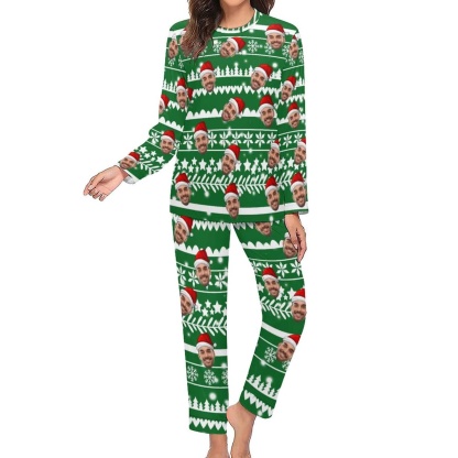 FacePajamas Pajama Custom Boyfriend Face Christmas Pattern Sleepwear Personalized Women's Slumber Party Crewneck Long Pajamas Set