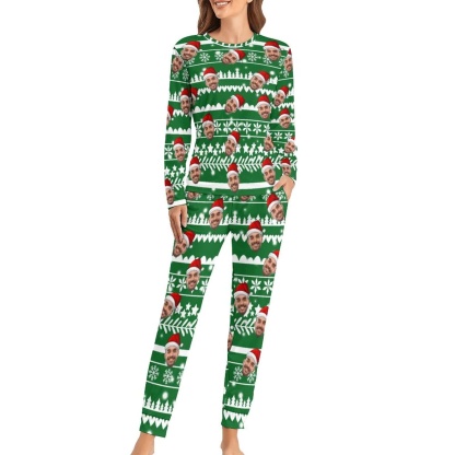 FacePajamas Pajama Custom Boyfriend Face Christmas Pattern Sleepwear Personalized Women's Slumber Party Crewneck Long Pajamas Set