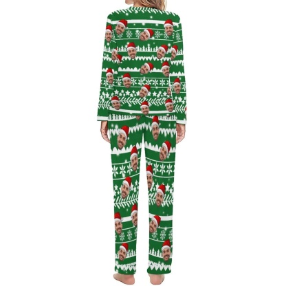 FacePajamas Pajama Custom Boyfriend Face Christmas Pattern Sleepwear Personalized Women's Slumber Party Crewneck Long Pajamas Set