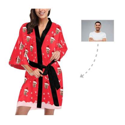 FacePajamas Pajama Custom Boyfriend Face Christmas Red Women's Short Pajamas Funny Personalized Photo Pajamas Kimono Robe