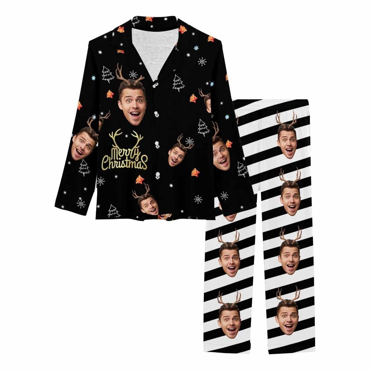 FacePajamas Pajama Custom Boyfriend Face Elk Antlers Christmas Sleepwear Personalized Women's Slumber Party Long Pajama Set