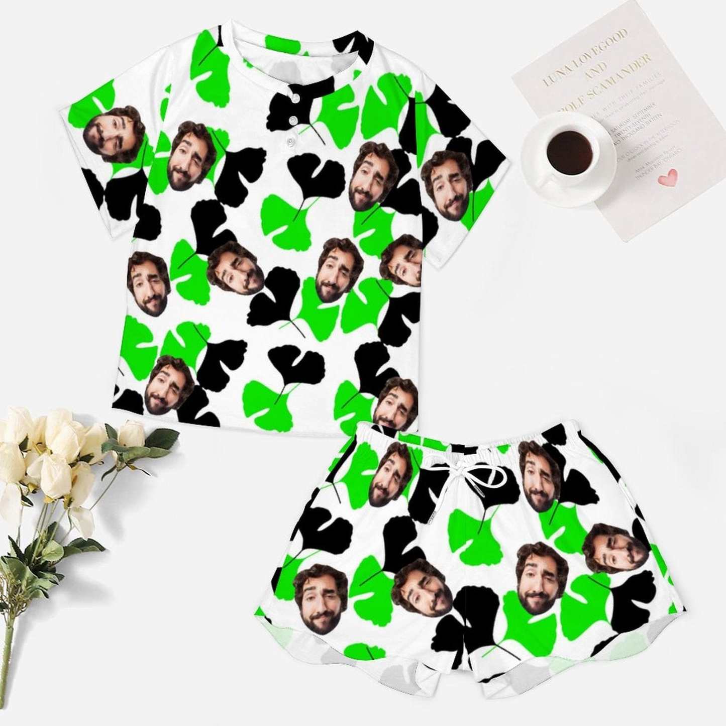 FacePajamas Pajama-2ML-SDS Custom Boyfriend Face Ginkgo Leaves Pajama Set Women's Short Sleeve Top and Shorts Loungewear Athletic Tracksuits