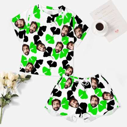 FacePajamas Pajama-2ML-SDS Custom Boyfriend Face Ginkgo Leaves Pajama Set Women's Short Sleeve Top and Shorts Loungewear Athletic Tracksuits