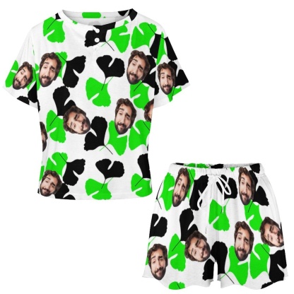 FacePajamas Pajama-2ML-SDS Custom Boyfriend Face Ginkgo Leaves Pajama Set Women's Short Sleeve Top and Shorts Loungewear Athletic Tracksuits