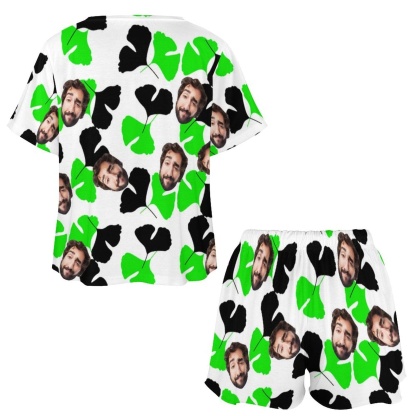 FacePajamas Pajama-2ML-SDS Custom Boyfriend Face Ginkgo Leaves Pajama Set Women's Short Sleeve Top and Shorts Loungewear Athletic Tracksuits