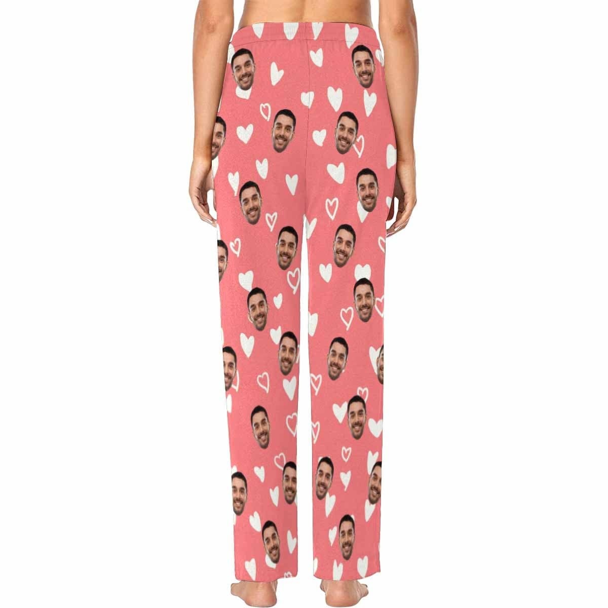 FacePajamas Pajama Custom Boyfriend Face Heart Pink Background Nightwear Personalized Women's Slumber Party Long Pajama Set Shirt&Pants