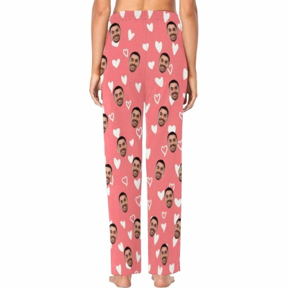 FacePajamas Pajama Custom Boyfriend Face Heart Pink Background Nightwear Personalized Women's Slumber Party Long Pajama Set Shirt&Pants