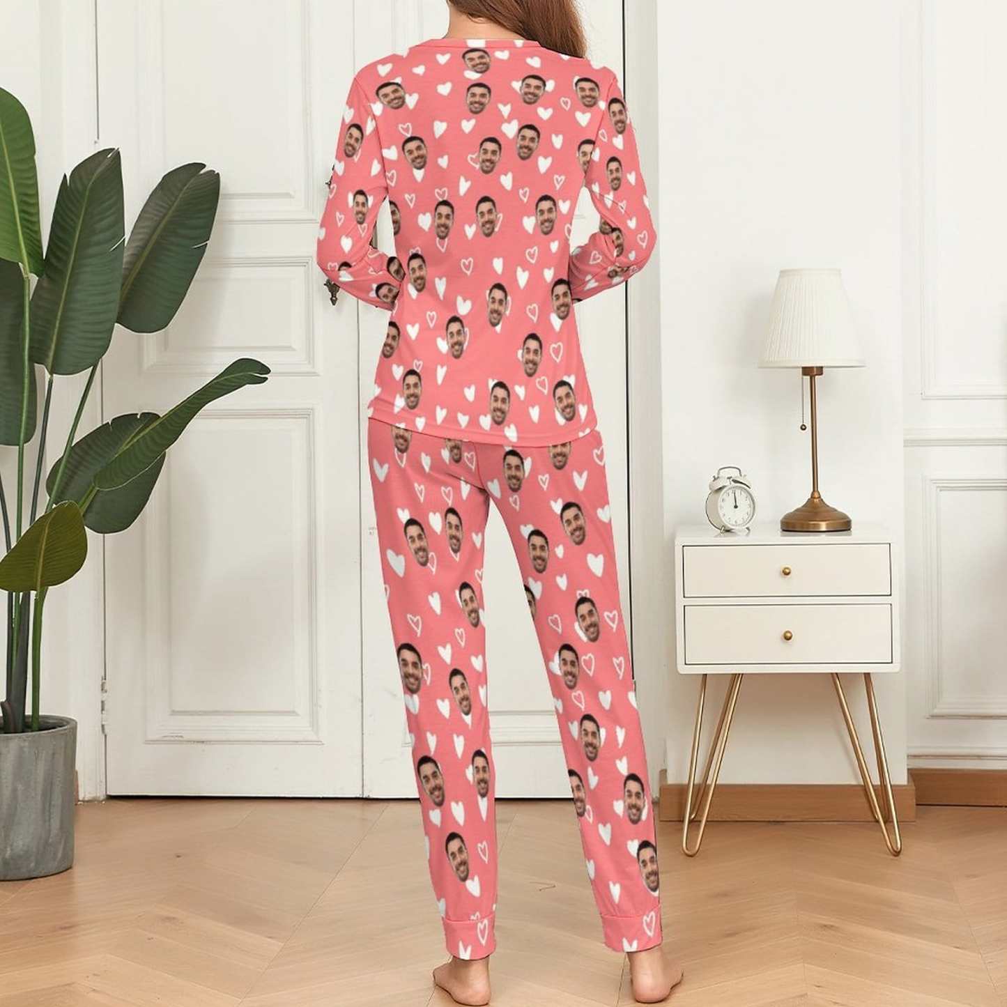 FacePajamas Pajama Custom Boyfriend Face Love Heart Christmas Hat Pink Background Sleepwear Personalized Women's Crewneck Long Pajamas Set