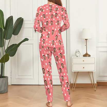 FacePajamas Pajama Custom Boyfriend Face Love Heart Christmas Hat Pink Background Sleepwear Personalized Women's Crewneck Long Pajamas Set