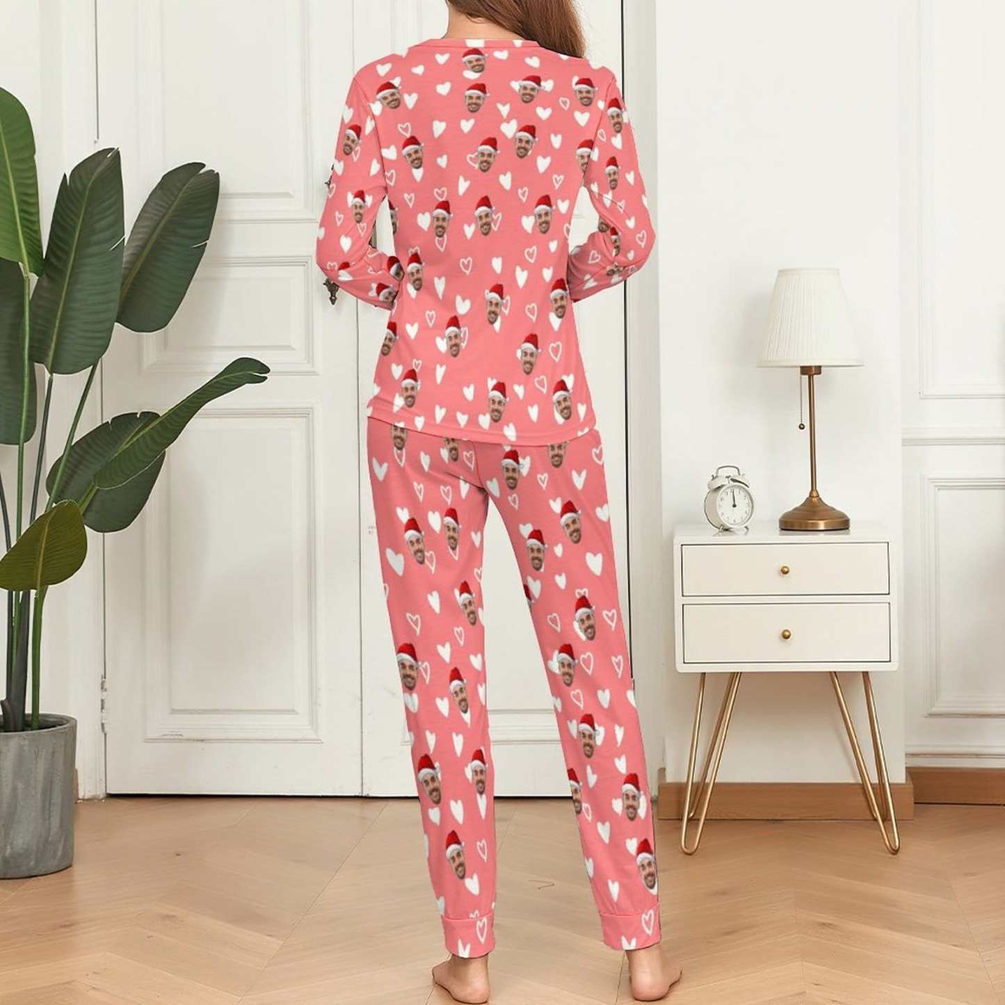 FacePajamas Pajama Custom Boyfriend Face Love Heart Christmas Hat Pink Background Sleepwear Personalized Women's Crewneck Long Pajamas Set
