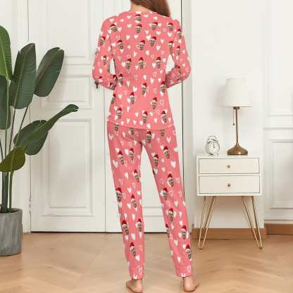 FacePajamas Pajama Custom Boyfriend Face Love Heart Christmas Hat Pink Background Sleepwear Personalized Women's Crewneck Long Pajamas Set