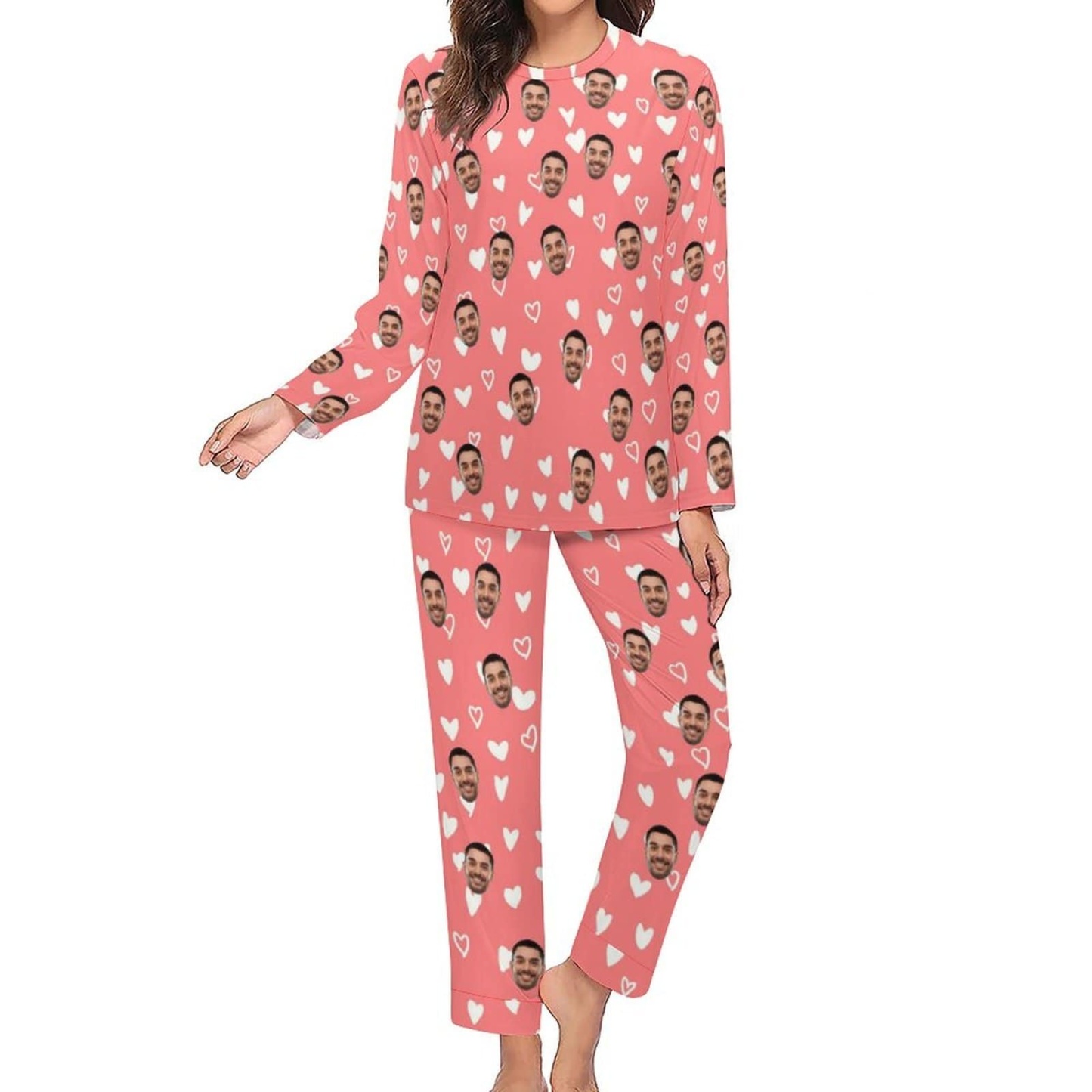 FacePajamas Pajama Custom Boyfriend Face Love Heart Christmas Hat Pink Background Sleepwear Personalized Women's Crewneck Long Pajamas Set