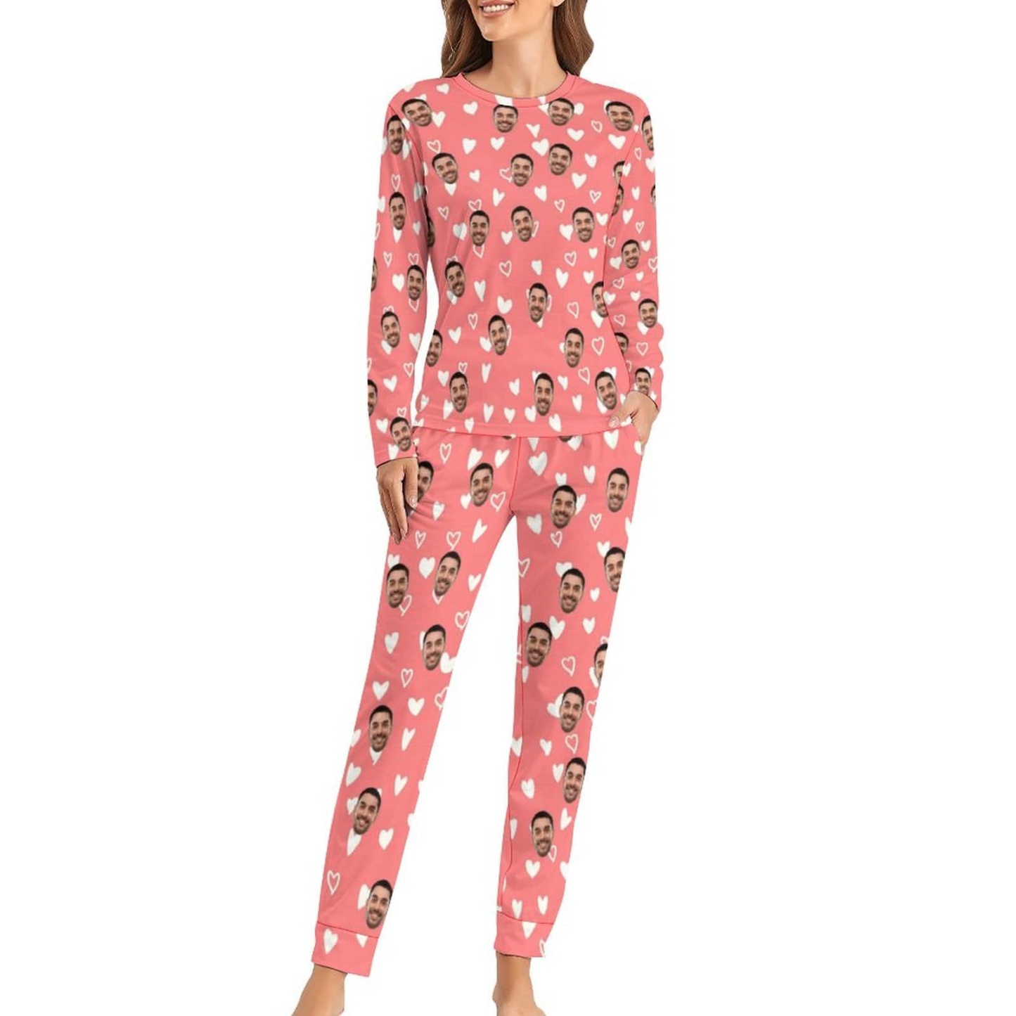 FacePajamas Pajama Custom Boyfriend Face Love Heart Christmas Hat Pink Background Sleepwear Personalized Women's Crewneck Long Pajamas Set