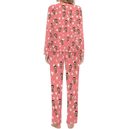 FacePajamas Pajama Custom Boyfriend Face Love Heart Christmas Hat Pink Background Sleepwear Personalized Women's Crewneck Long Pajamas Set