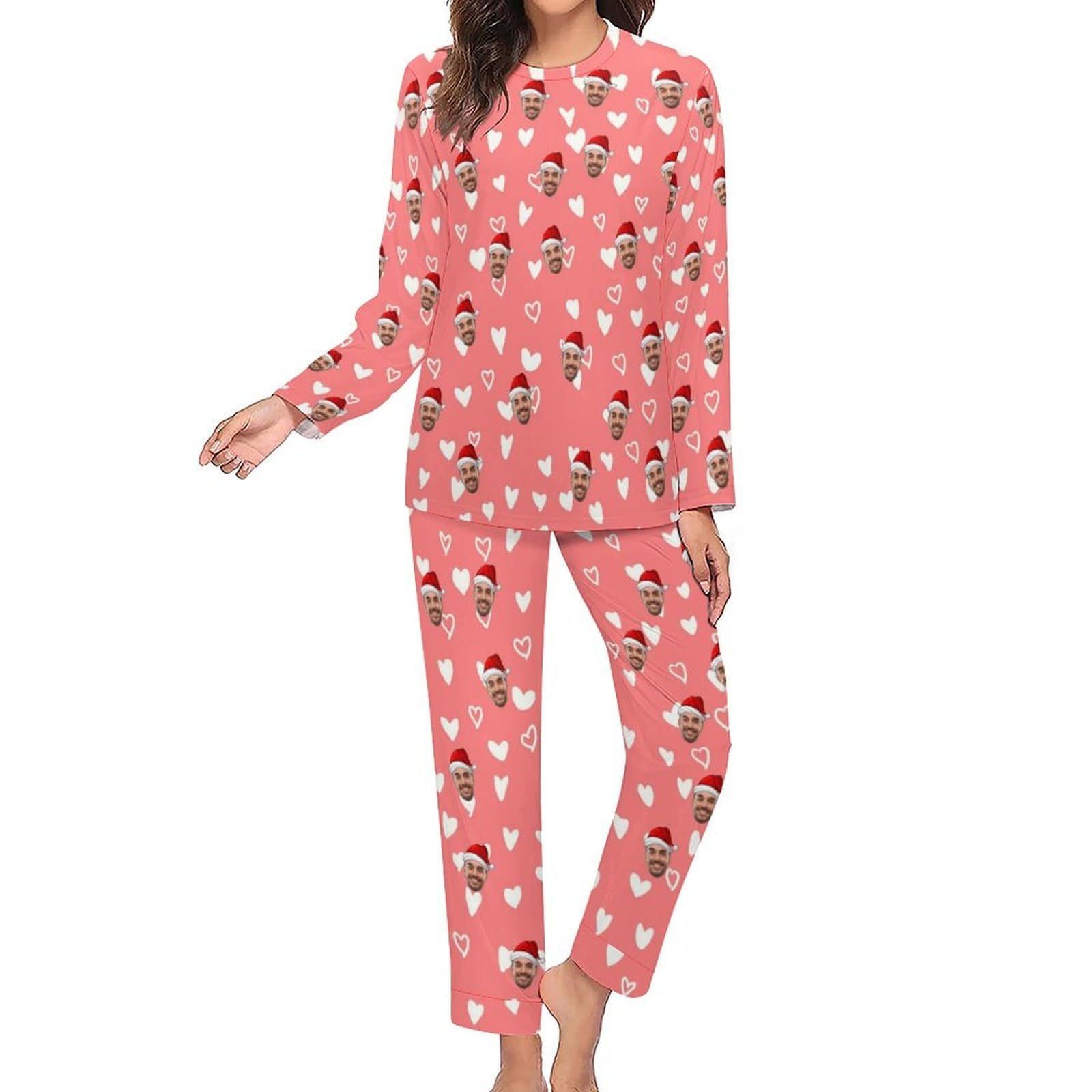 FacePajamas Pajama Custom Boyfriend Face Love Heart Christmas Hat Pink Background Sleepwear Personalized Women's Crewneck Long Pajamas Set