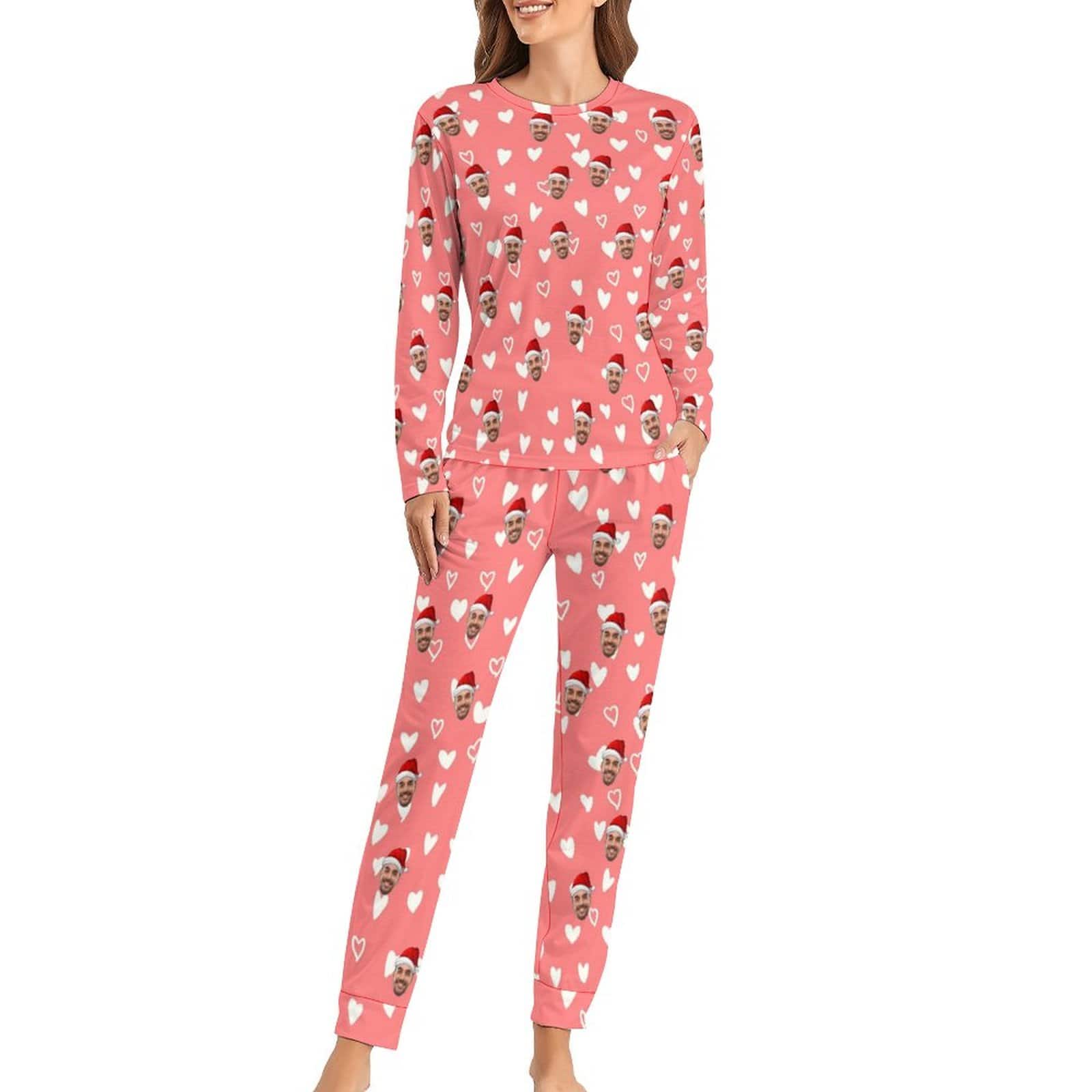 FacePajamas Pajama Custom Boyfriend Face Love Heart Christmas Hat Pink Background Sleepwear Personalized Women's Crewneck Long Pajamas Set