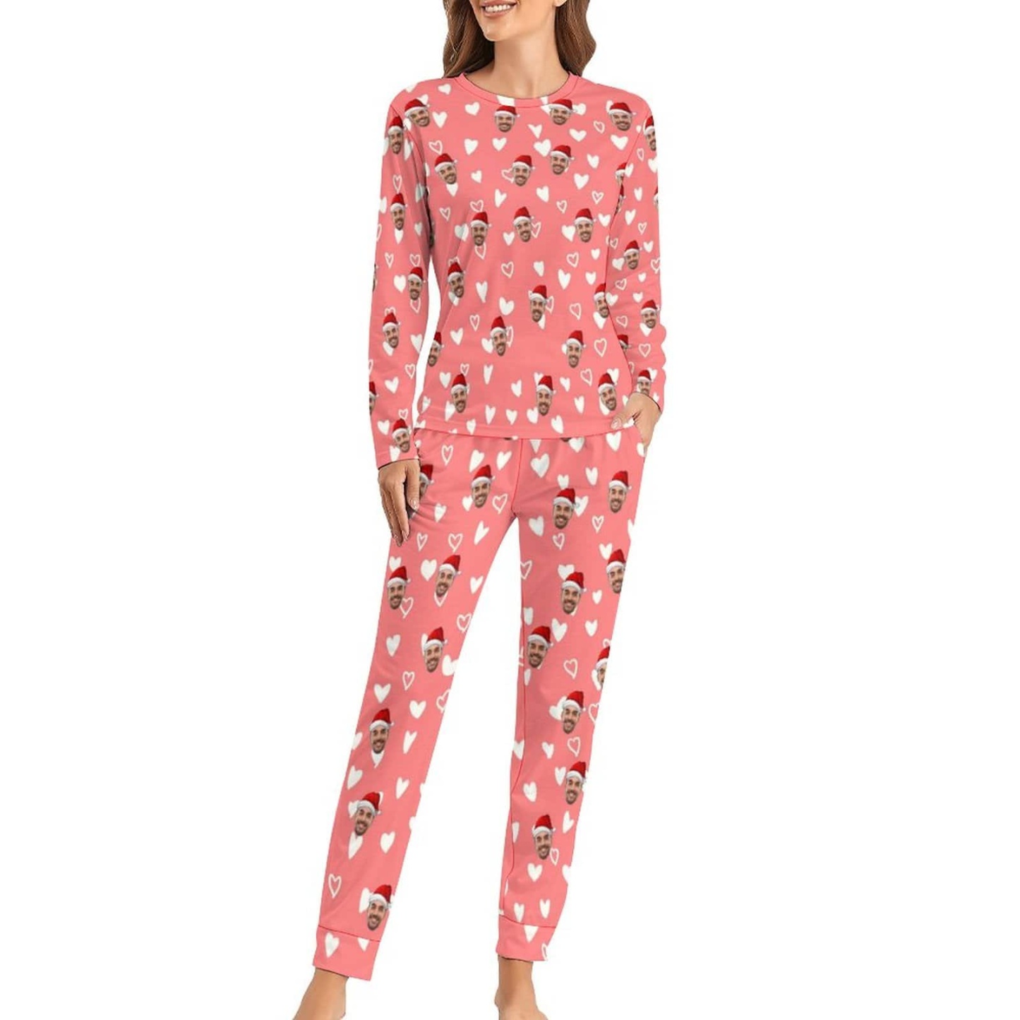 FacePajamas Pajama Custom Boyfriend Face Love Heart Christmas Hat Pink Background Sleepwear Personalized Women's Crewneck Long Pajamas Set