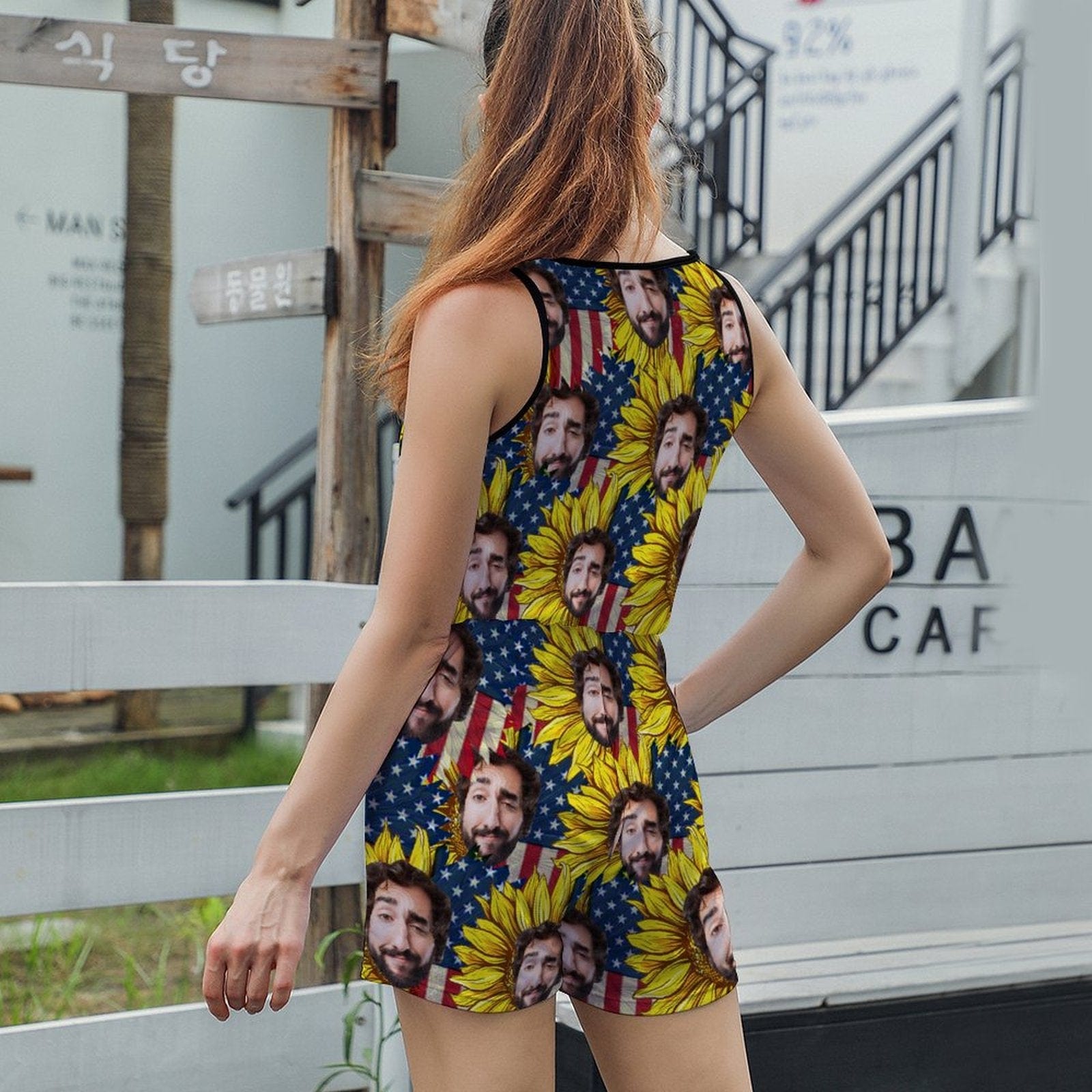 FacePajamas Pajama-2ML-SDS Custom Boyfriend Face Pajama with Flag Sunflower Women's Short Jumpsuit Loungewear