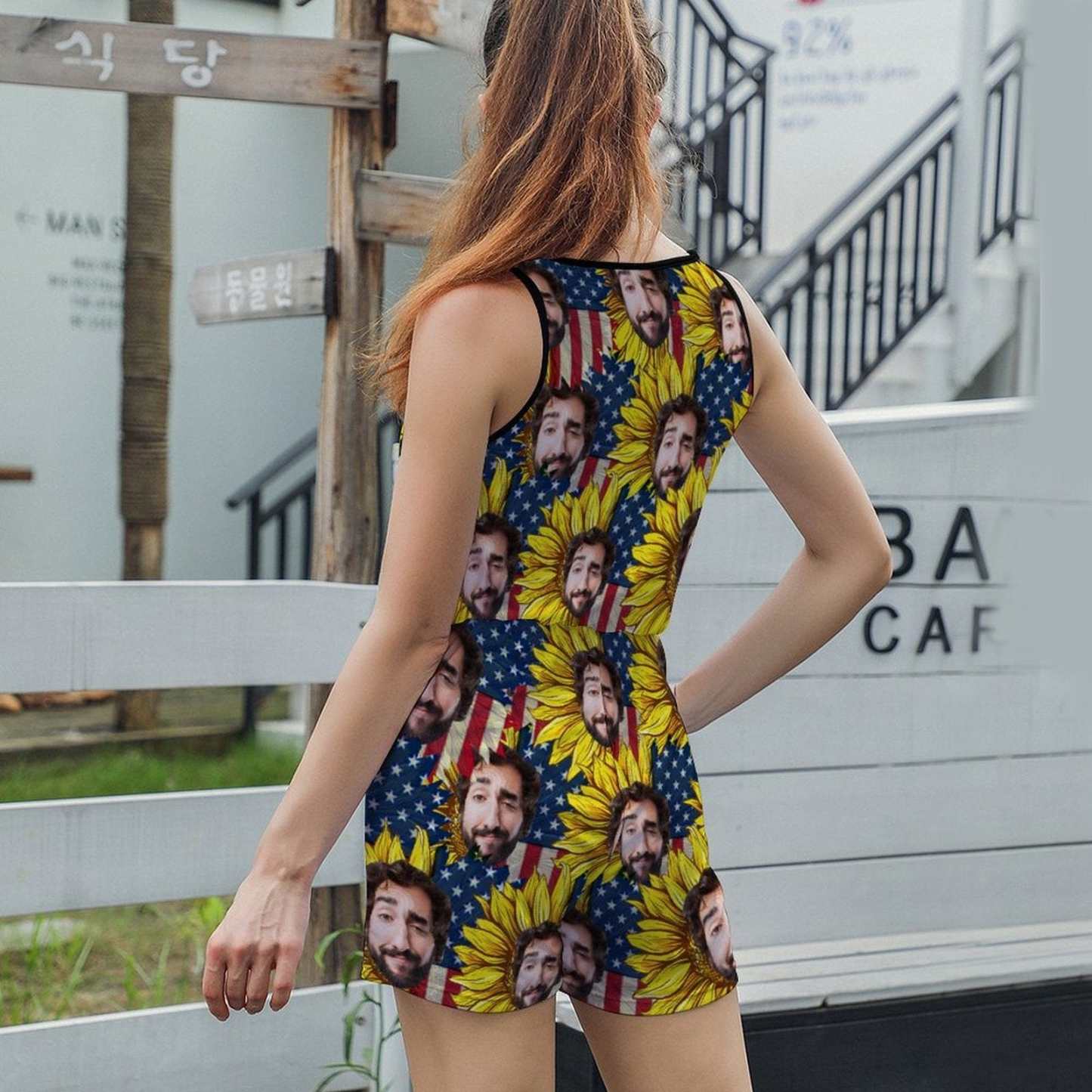 FacePajamas Pajama-2ML-SDS Custom Boyfriend Face Pajama with Flag Sunflower Women's Short Jumpsuit Loungewear