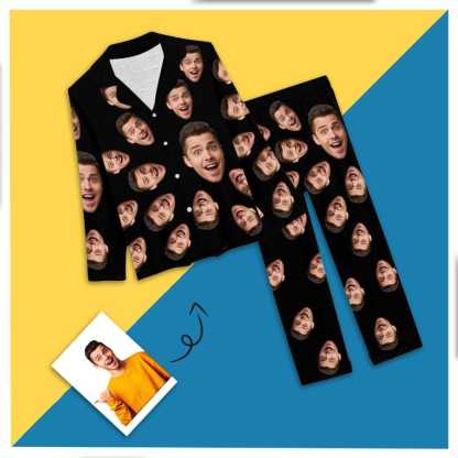 FacePajamas Pajama Custom Boyfriend Face Pajamas Black Background Sleepwear Funny Personalized Women's Long Pajamas Set