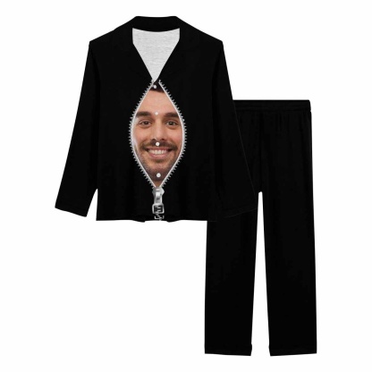 FacePajamas Pajama Custom Boyfriend Face Pajamas Zipper Black Background Sleepwear Personalized Women's Slumber Party Long Pajama Set