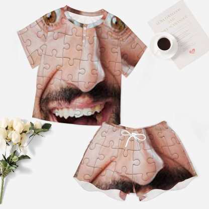 FacePajamas Pajama-2ML-SDS Custom Boyfriend Face Puzzle Pajama Set Women's Short Sleeve Top and Shorts Loungewear Athletic Tracksuits