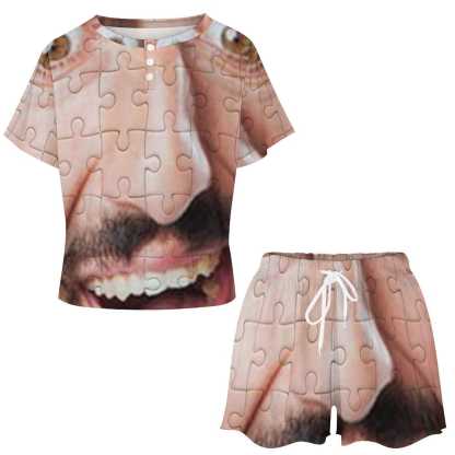 FacePajamas Pajama-2ML-SDS Custom Boyfriend Face Puzzle Pajama Set Women's Short Sleeve Top and Shorts Loungewear Athletic Tracksuits