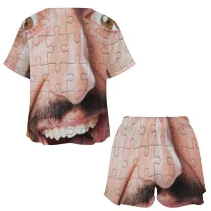 FacePajamas Pajama-2ML-SDS Custom Boyfriend Face Puzzle Pajama Set Women's Short Sleeve Top and Shorts Loungewear Athletic Tracksuits