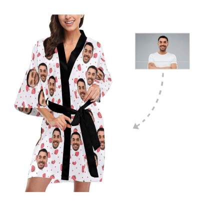 FacePajamas Pajama Custom Boyfriend Face Strawberry Women's Summer Short Nightwear Funny Personalized Photo Pajamas Kimono Robe