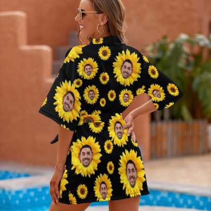 FacePajamas Pajama-2YX-SDS Custom Boyfriend Face Sunflowers Women's Short Pajamas Funny Personalized Photo Pajamas Kimono Robe