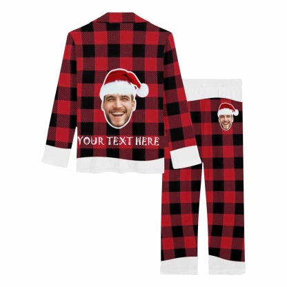 FacePajamas Pajama Custom Boyfriend Face&Text Pajamas Christmas Grid Sleepwear Personalized Women's Long Pajama Set