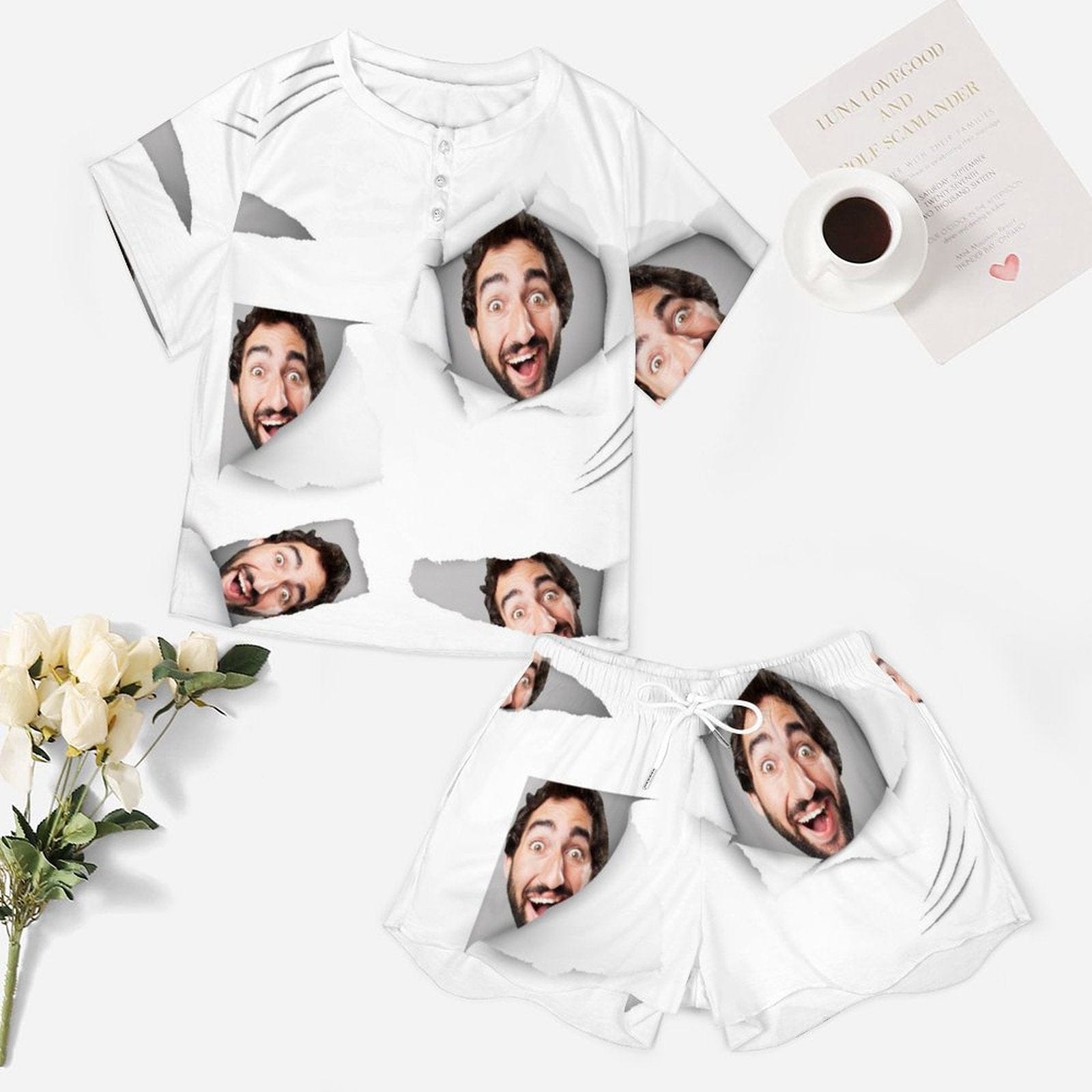 FacePajamas Pajama-2ML-SDS Custom Boyfriend Face White Background Pajama Set Women's Short Sleeve Top and Shorts Loungewear Athletic Tracksuits