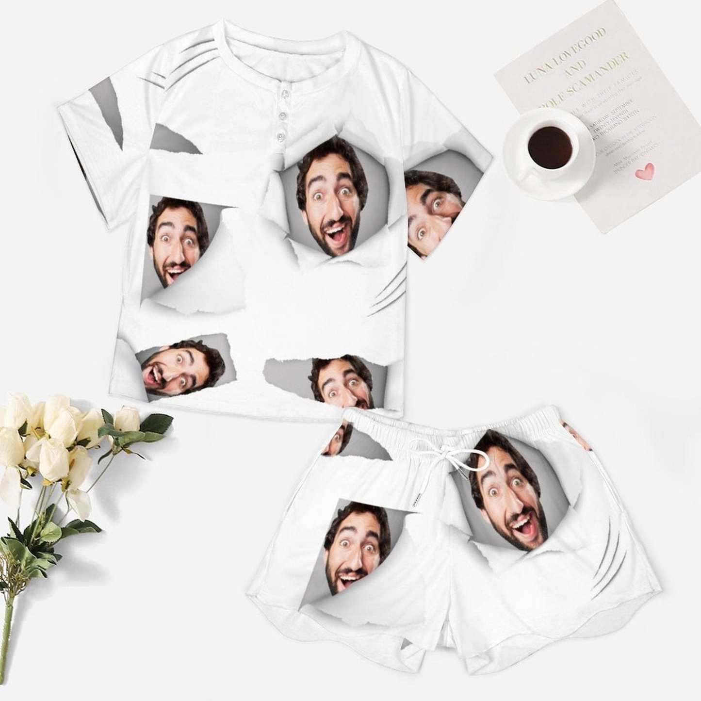 FacePajamas Pajama-2ML-SDS Custom Boyfriend Face White Background Pajama Set Women's Short Sleeve Top and Shorts Loungewear Athletic Tracksuits