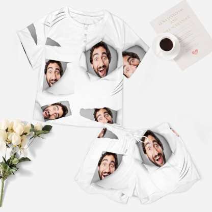 FacePajamas Pajama-2ML-SDS Custom Boyfriend Face White Background Pajama Set Women's Short Sleeve Top and Shorts Loungewear Athletic Tracksuits
