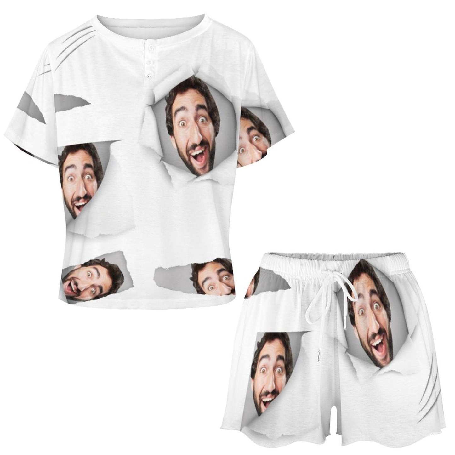 FacePajamas Pajama-2ML-SDS Custom Boyfriend Face White Background Pajama Set Women's Short Sleeve Top and Shorts Loungewear Athletic Tracksuits