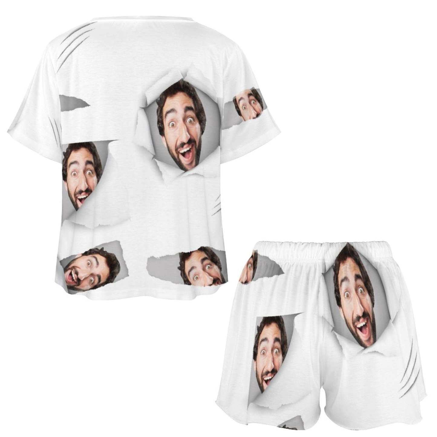 FacePajamas Pajama-2ML-SDS Custom Boyfriend Face White Background Pajama Set Women's Short Sleeve Top and Shorts Loungewear Athletic Tracksuits