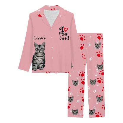 FacePajamas Pajama Custom Cat Photo & Name Pajamas Sleepwear Pink Personalized Women's Slumber Party Long Pajama Set