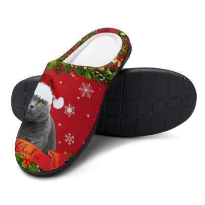 FacePajamas Slippers-2YX-SDS Custom Cat's Photo  & Name Christmas Hat All Over Print Cotton Slippers