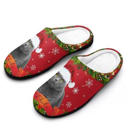 FacePajamas Slippers-2YX-SDS Custom Cat's Photo  & Name Christmas Hat All Over Print Cotton Slippers