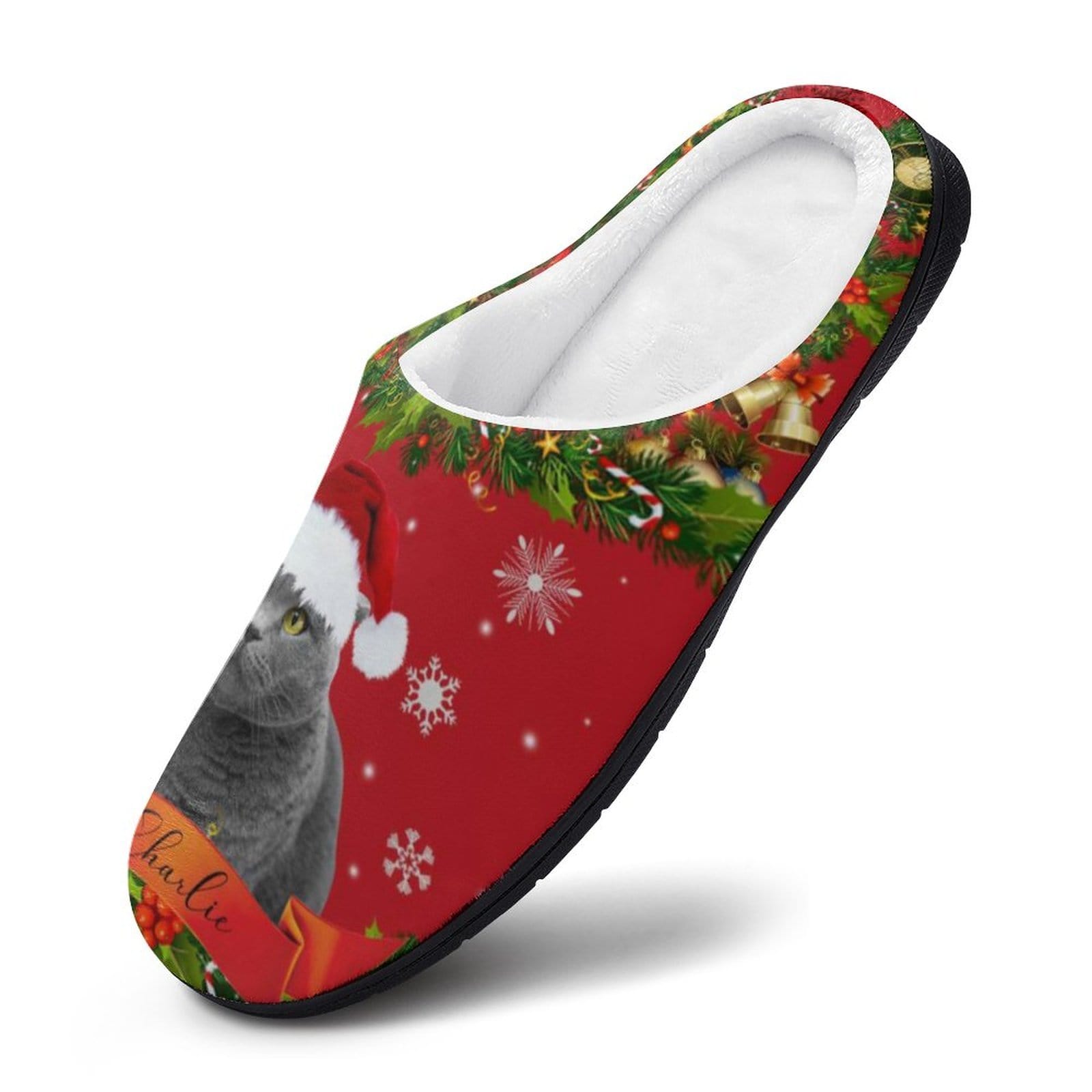 FacePajamas Slippers-2YX-SDS Custom Cat's Photo  & Name Christmas Hat All Over Print Cotton Slippers