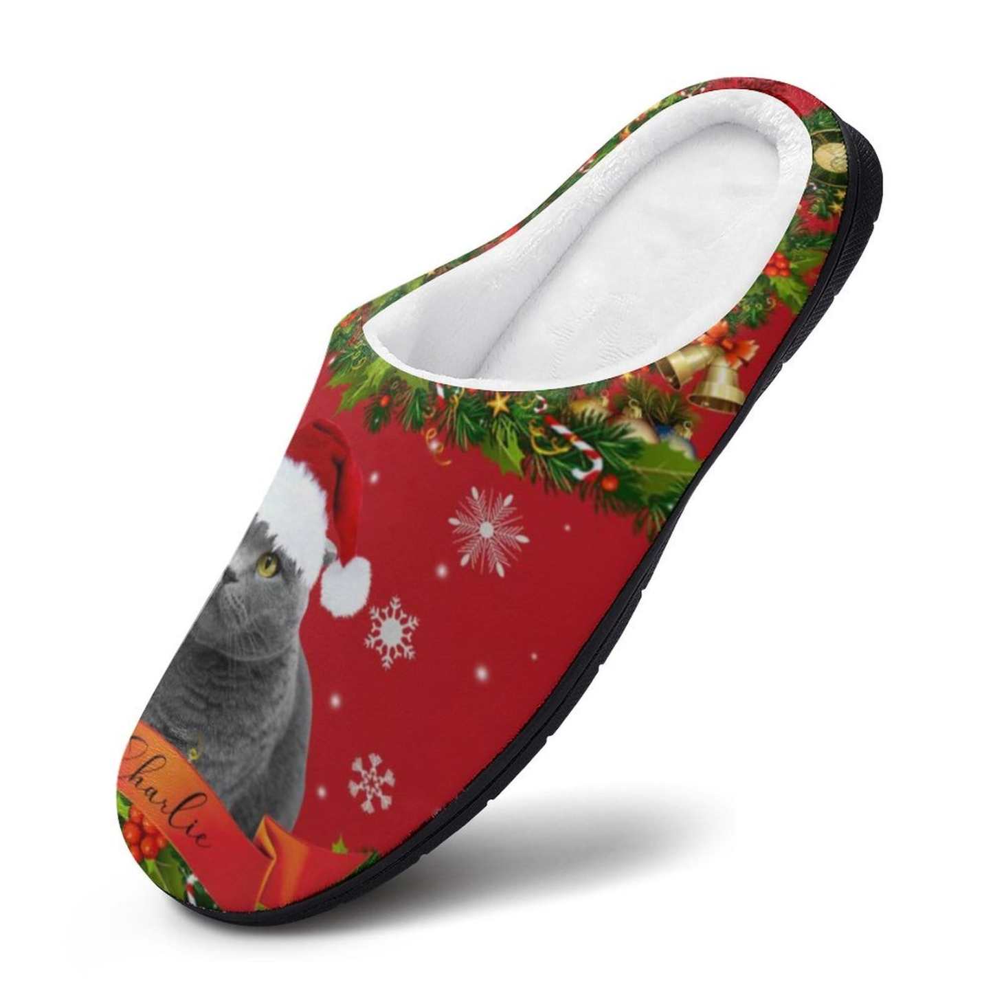 FacePajamas Slippers-2YX-SDS Custom Cat's Photo  & Name Christmas Hat All Over Print Cotton Slippers