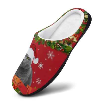 FacePajamas Slippers-2YX-SDS Custom Cat's Photo  & Name Christmas Hat All Over Print Cotton Slippers