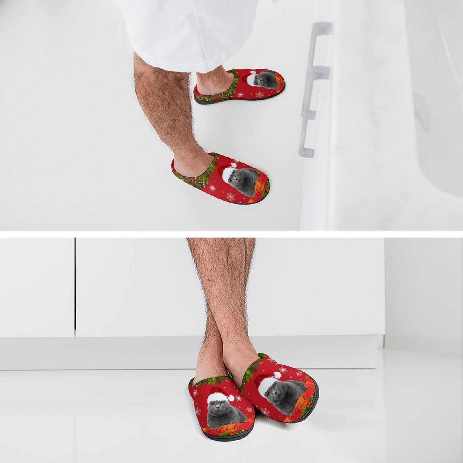 FacePajamas Slippers-2YX-SDS Custom Cat's Photo  & Name Christmas Hat All Over Print Cotton Slippers