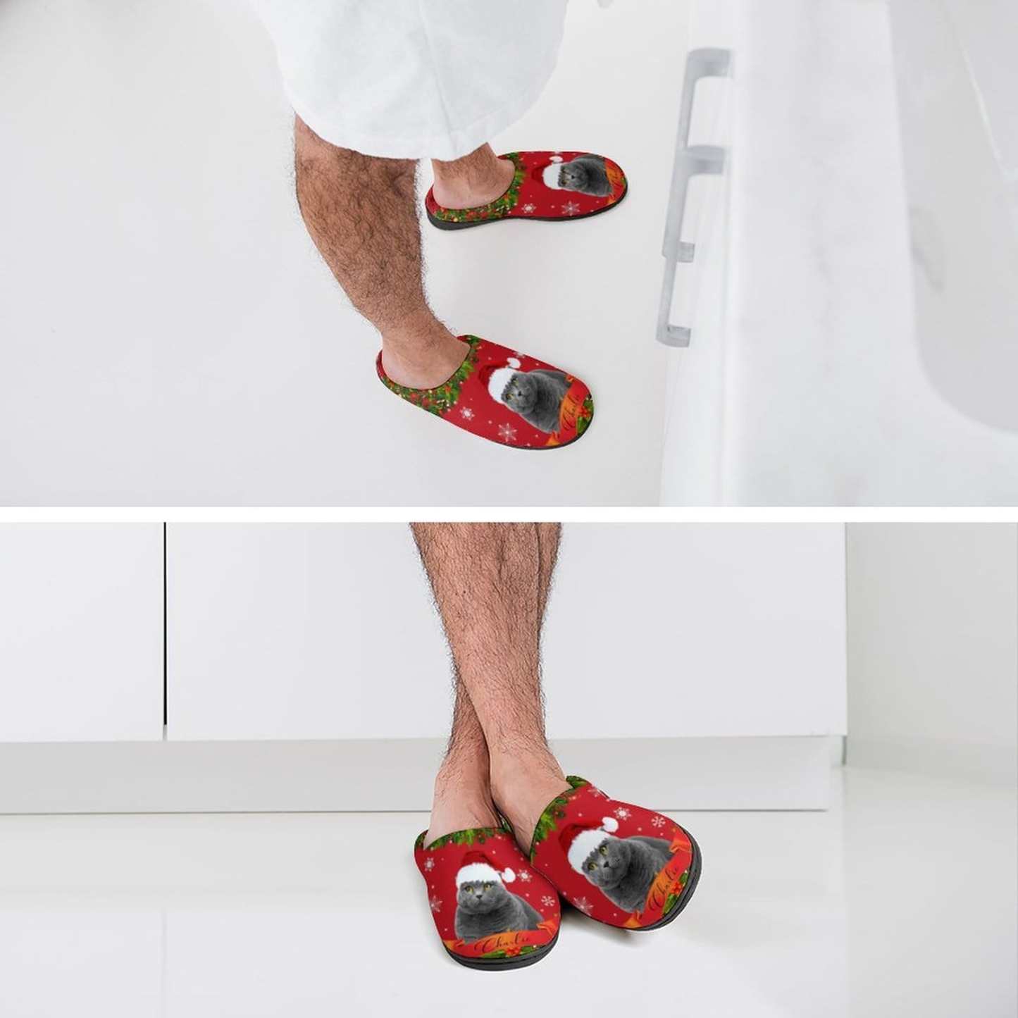 FacePajamas Slippers-2YX-SDS Custom Cat's Photo  & Name Christmas Hat All Over Print Cotton Slippers