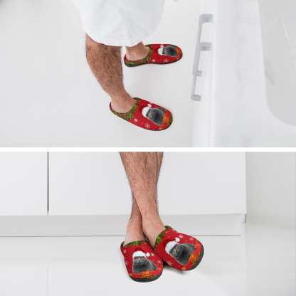 FacePajamas Slippers-2YX-SDS Custom Cat's Photo  & Name Christmas Hat All Over Print Cotton Slippers