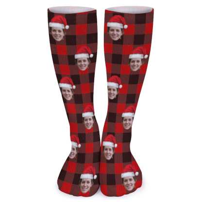 FacePajamas Sublimated Crew Socks-2WH-SDS Custom Christmas Face Socks Red Plaid Personalised Face Printed on Socks Sublimated Crew Socks Christmas Gifts