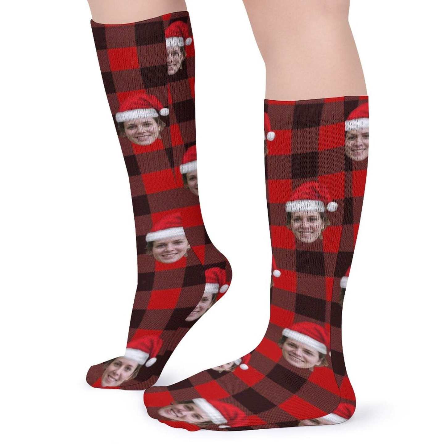FacePajamas Sublimated Crew Socks-2WH-SDS Custom Christmas Face Socks Red Plaid Personalised Face Printed on Socks Sublimated Crew Socks Christmas Gifts