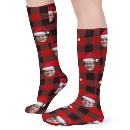 FacePajamas Sublimated Crew Socks-2WH-SDS Custom Christmas Face Socks Red Plaid Personalised Face Printed on Socks Sublimated Crew Socks Christmas Gifts