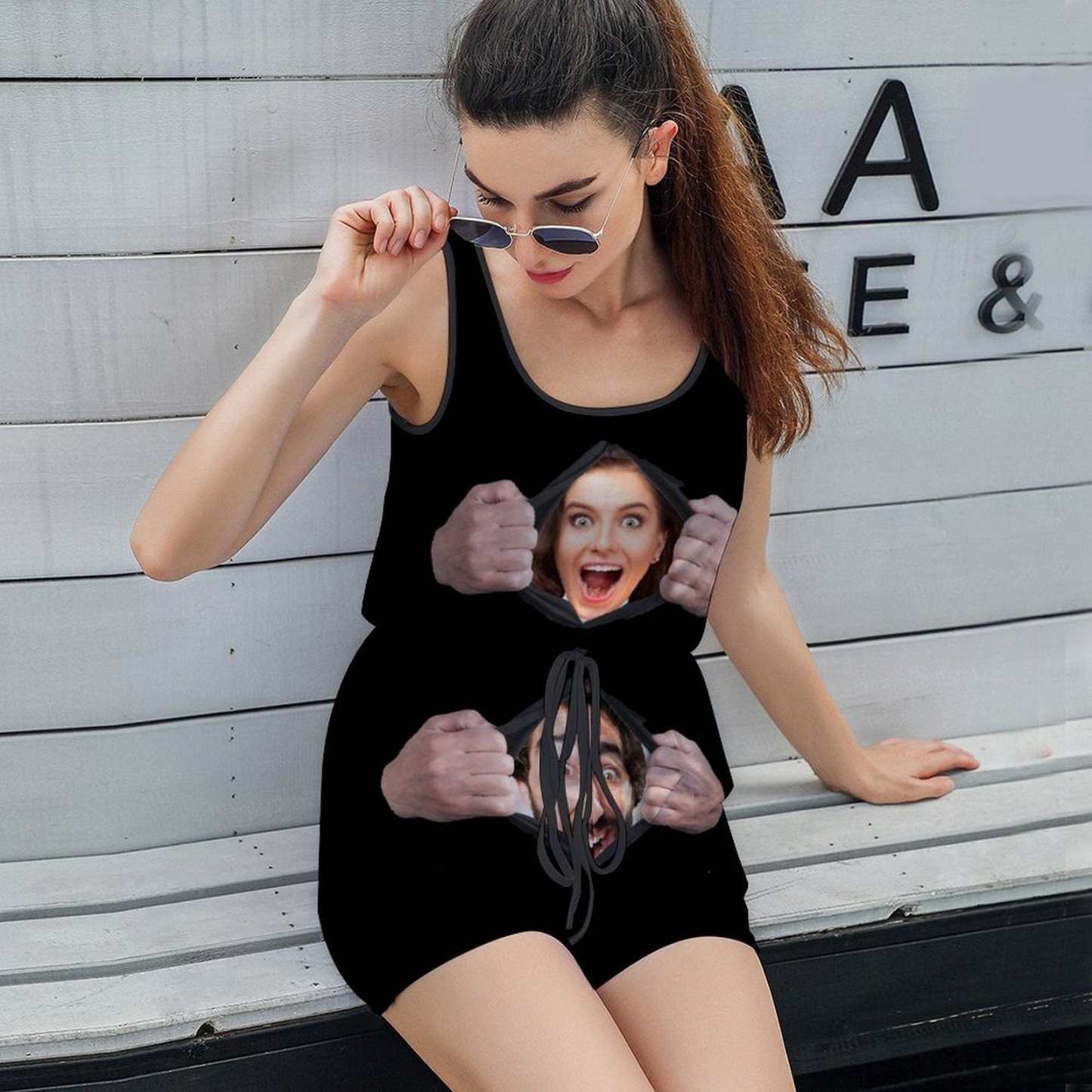 FacePajamas Pajama-2ML-SDS Custom Couple Face Pajama Torn Apart Women's Short Jumpsuit Loungewear